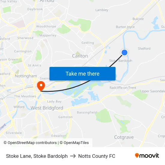 Stoke Lane, Stoke Bardolph to Notts County FC map