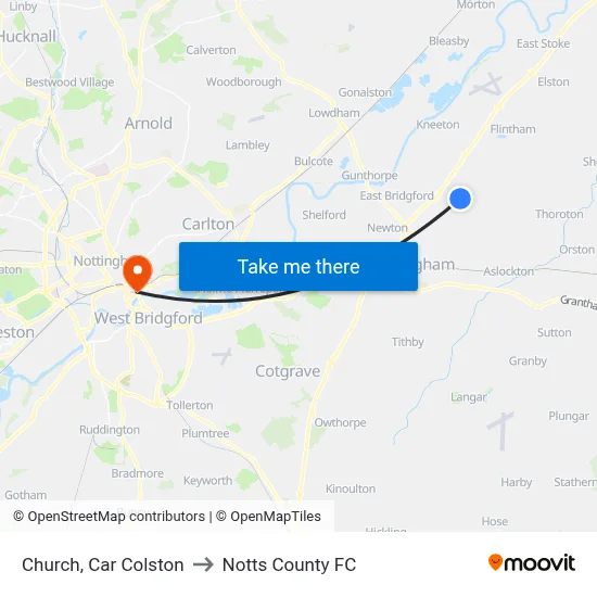 Church, Car Colston to Notts County FC map
