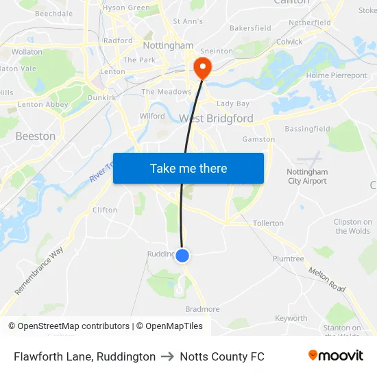Flawforth Lane, Ruddington to Notts County FC map