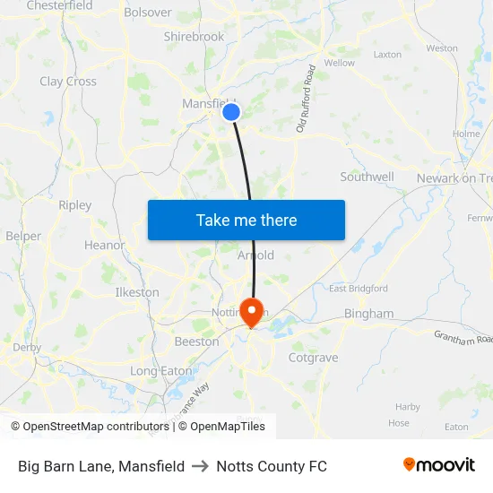 Big Barn Lane, Mansfield to Notts County FC map