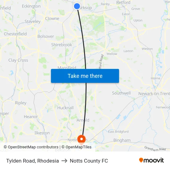 Tylden Road, Rhodesia to Notts County FC map