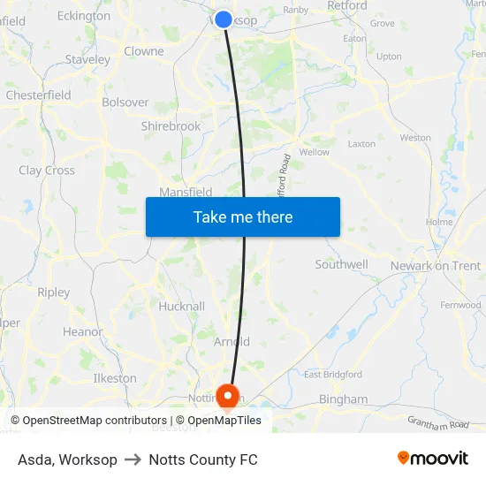 Asda, Worksop to Notts County FC map