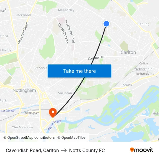 Cavendish Road, Carlton to Notts County FC map