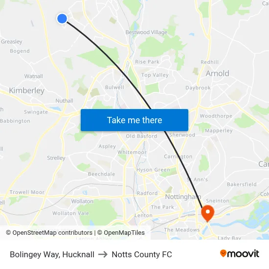 Bolingey Way, Hucknall to Notts County FC map