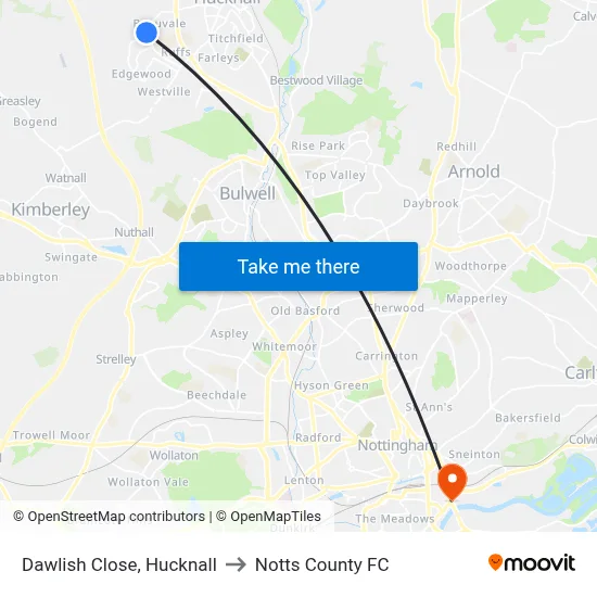 Dawlish Close, Hucknall to Notts County FC map