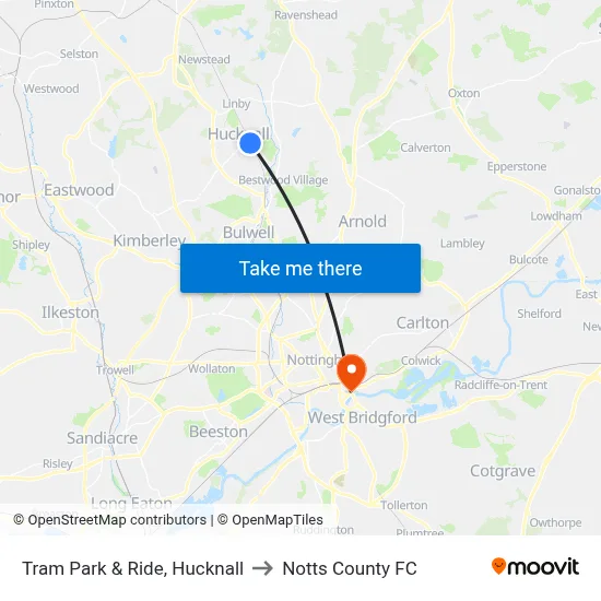 Tram Park & Ride, Hucknall to Notts County FC map