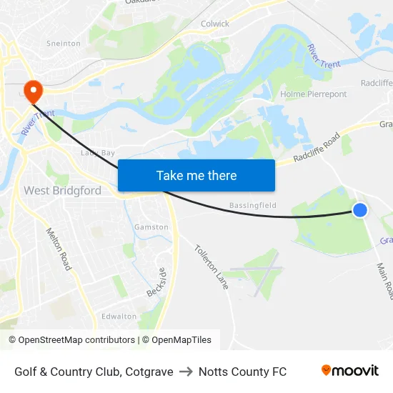 Golf & Country Club, Cotgrave to Notts County FC map