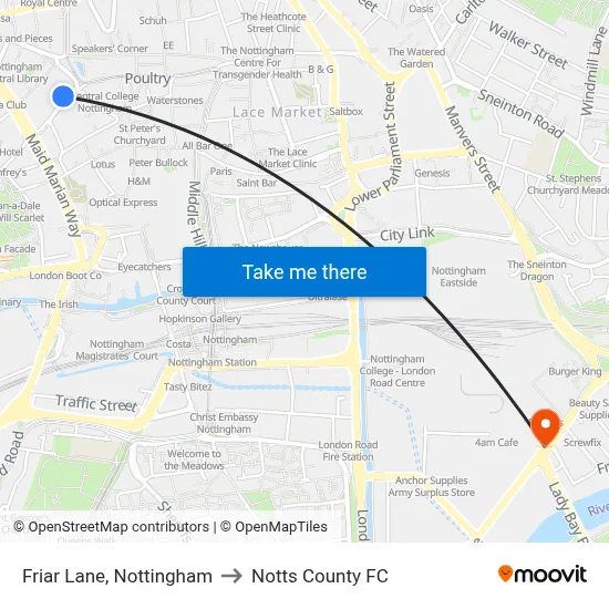 Friar Lane, Nottingham to Notts County FC map