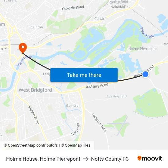 Holme House, Holme Pierrepont to Notts County FC map
