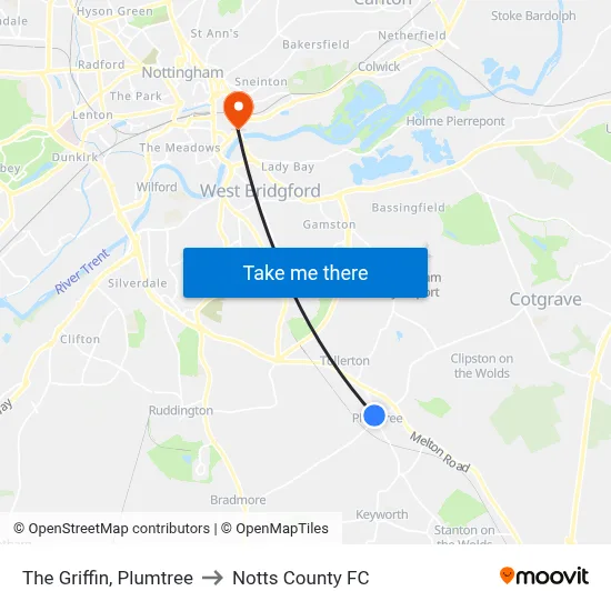 The Griffin, Plumtree to Notts County FC map