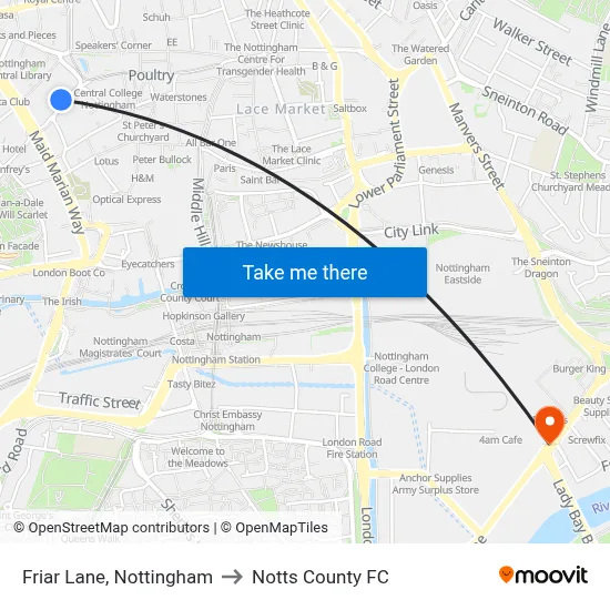 Friar Lane, Nottingham to Notts County FC map
