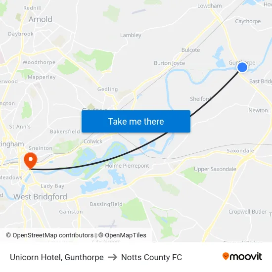 Unicorn Hotel, Gunthorpe to Notts County FC map