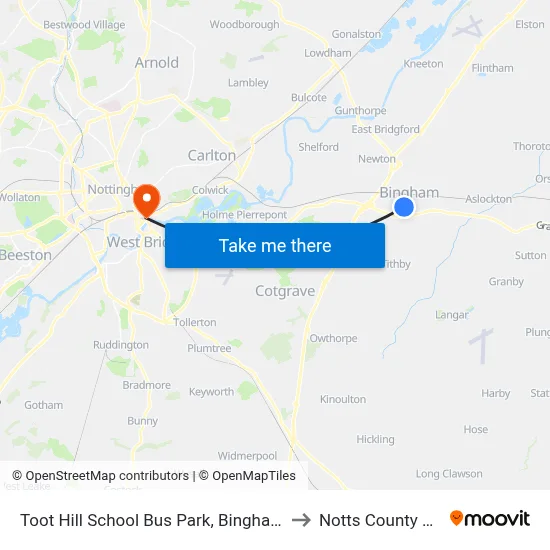 Toot Hill School Bus Park, Bingham to Notts County FC map