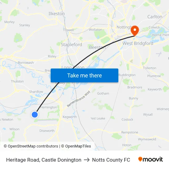 Heritage Road, Castle Donington to Notts County FC map