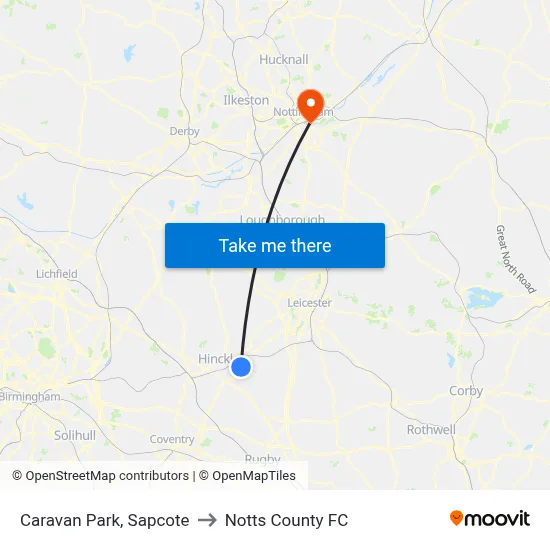 Caravan Park, Sapcote to Notts County FC map