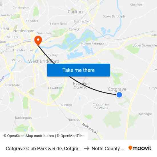 Cotgrave Club Park & Ride, Cotgrave to Notts County FC map