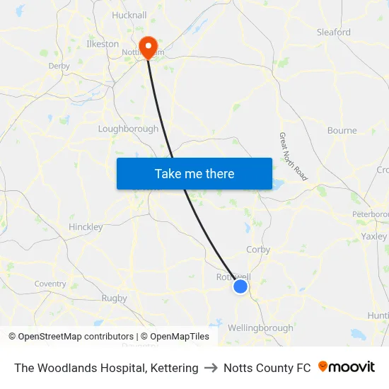 The Woodlands Hospital, Kettering to Notts County FC map