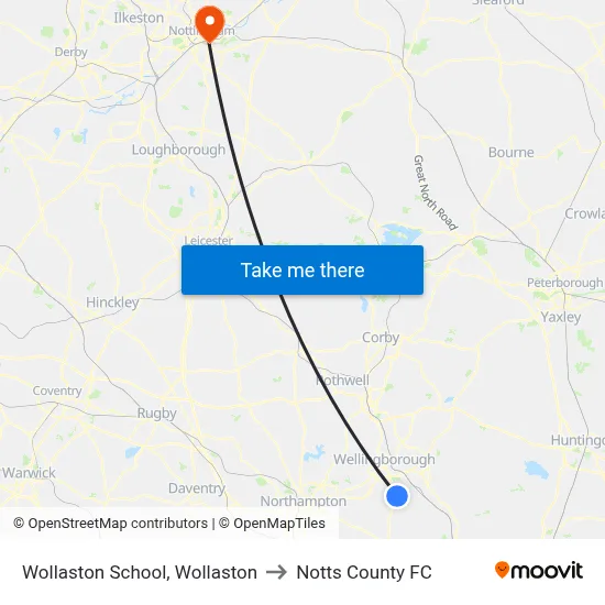 Wollaston School, Wollaston to Notts County FC map