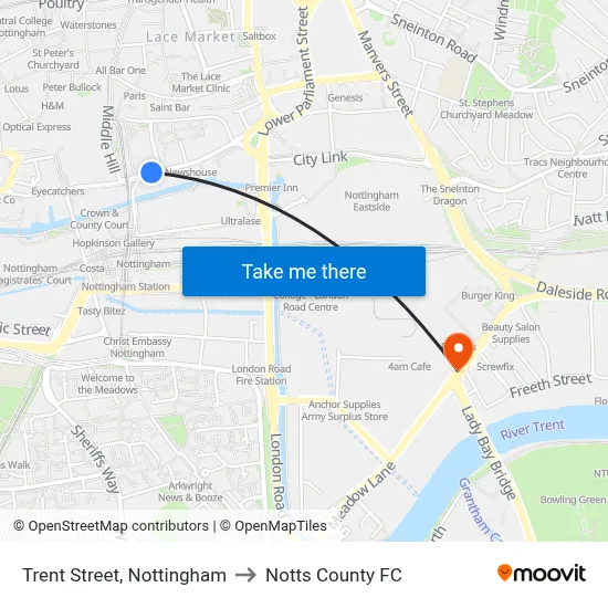 Trent Street, Nottingham to Notts County FC map