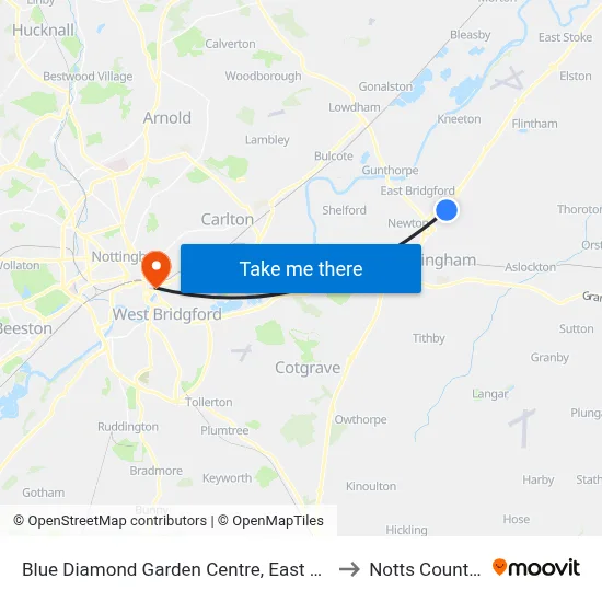 Blue Diamond Garden Centre, East Bridgford to Notts County FC map