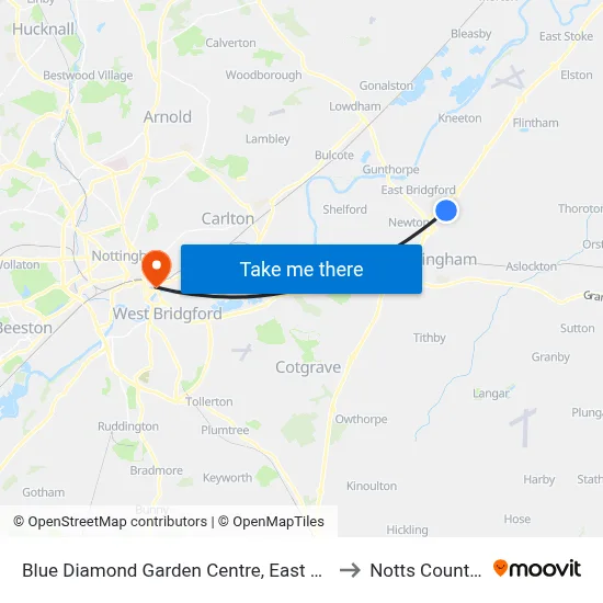 Blue Diamond Garden Centre, East Bridgford to Notts County FC map