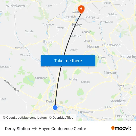 Derby Station to Hayes Conference Centre map