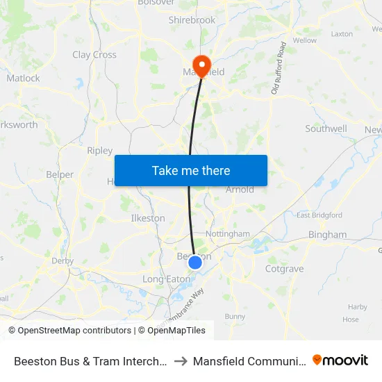 Beeston Bus & Tram Interchange, Beeston to Mansfield Community Hospital map