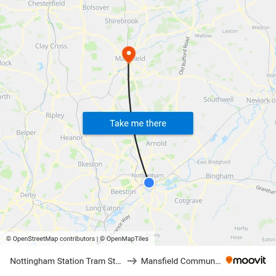 Nottingham Station Tram Stop, Nottingham to Mansfield Community Hospital map