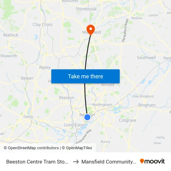 Beeston Centre Tram Stop, Beeston to Mansfield Community Hospital map