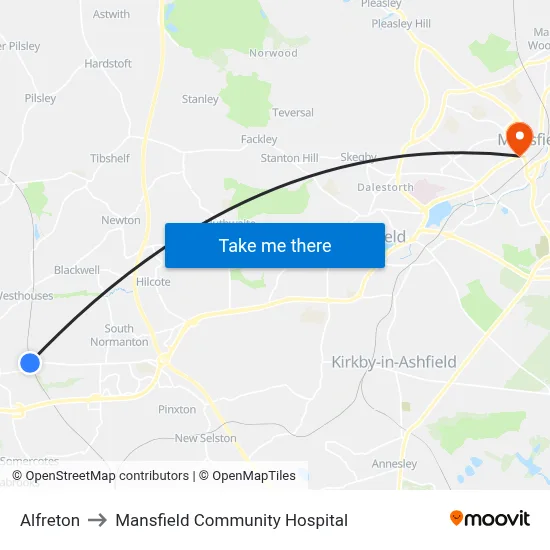 Alfreton to Mansfield Community Hospital map