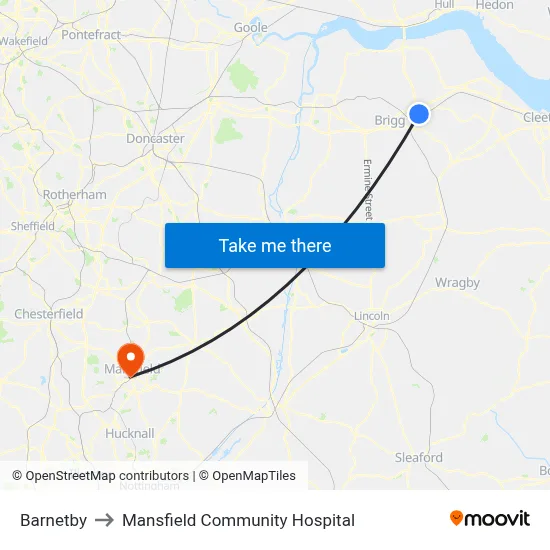 Barnetby to Mansfield Community Hospital map