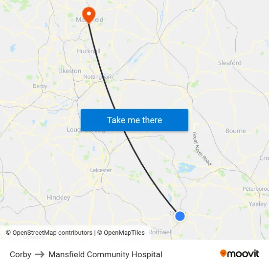 Corby to Mansfield Community Hospital map