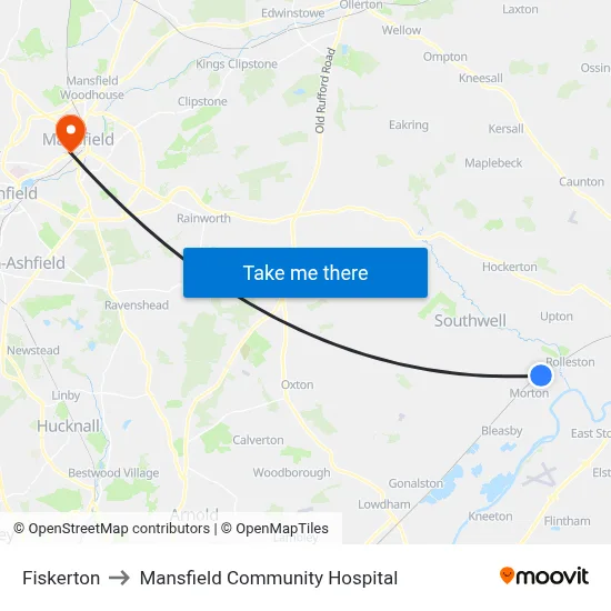 Fiskerton to Mansfield Community Hospital map