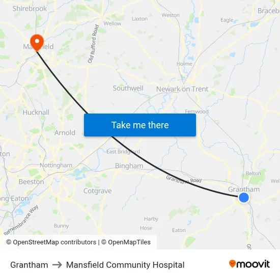 Grantham to Mansfield Community Hospital map