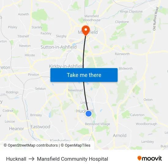 Hucknall to Mansfield Community Hospital map