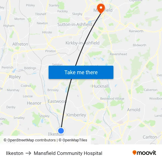 Ilkeston to Mansfield Community Hospital map