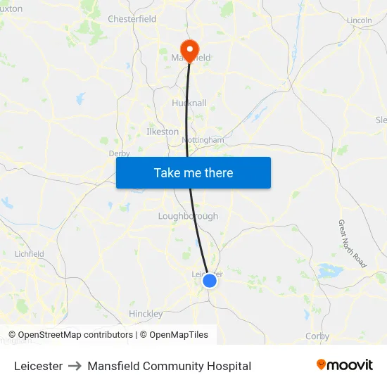 Leicester to Mansfield Community Hospital map