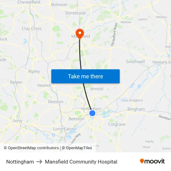Nottingham to Mansfield Community Hospital map