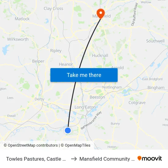 Towles Pastures, Castle Donington to Mansfield Community Hospital map
