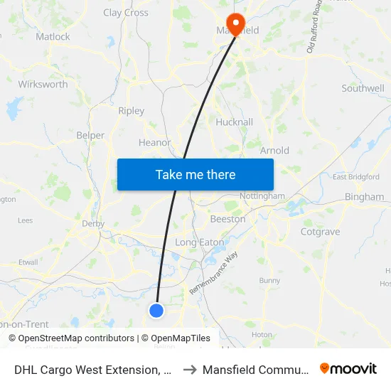 DHL Cargo West Extension, East Mids Airport to Mansfield Community Hospital map