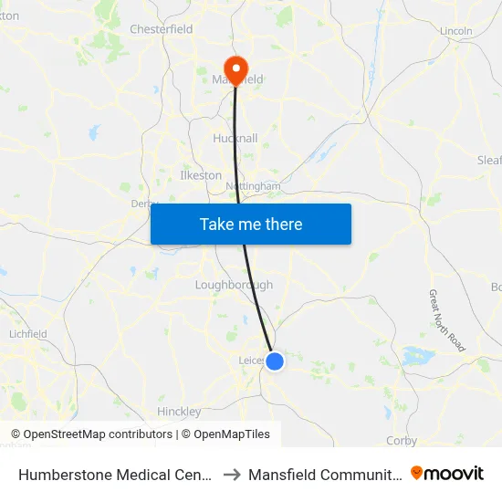 Humberstone Medical Centre, Leicester to Mansfield Community Hospital map