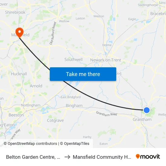Belton Garden Centre, Belton to Mansfield Community Hospital map