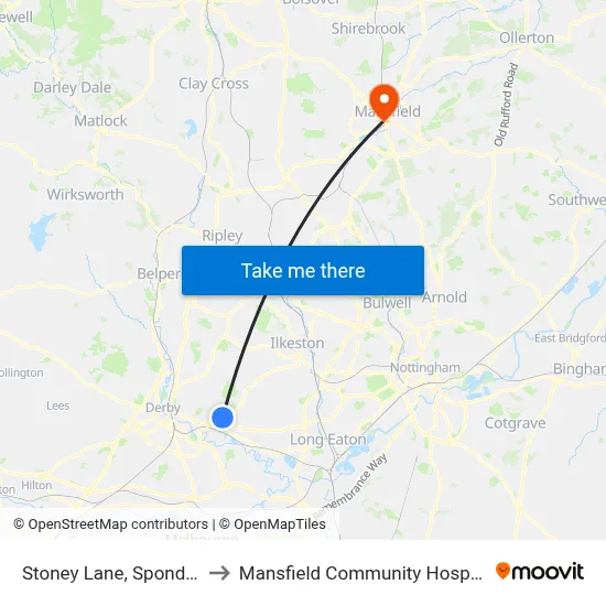 Stoney Lane, Spondon to Mansfield Community Hospital map