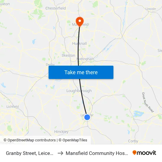 Granby Street, Leicester to Mansfield Community Hospital map