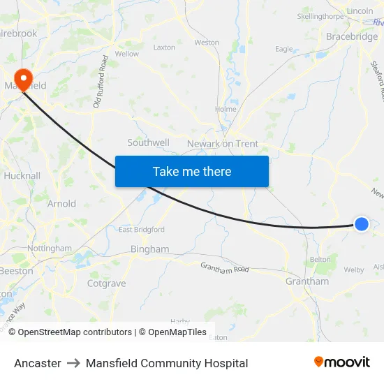 Ancaster to Mansfield Community Hospital map