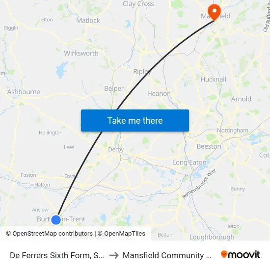 De Ferrers Sixth Form, Shobnall to Mansfield Community Hospital map