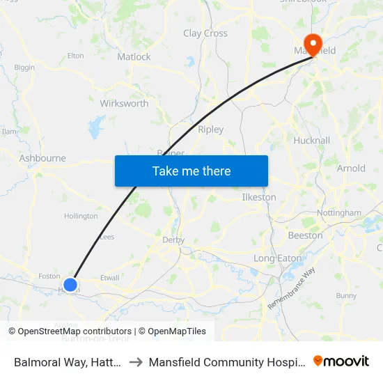 Balmoral Way, Hatton to Mansfield Community Hospital map