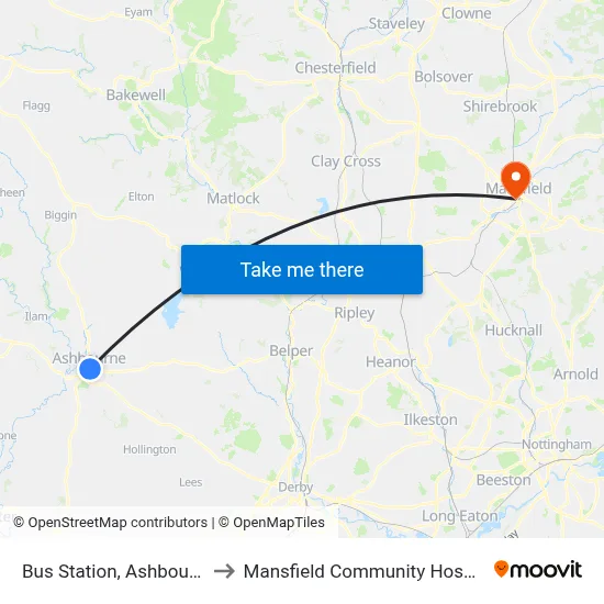 Bus Station, Ashbourne to Mansfield Community Hospital map