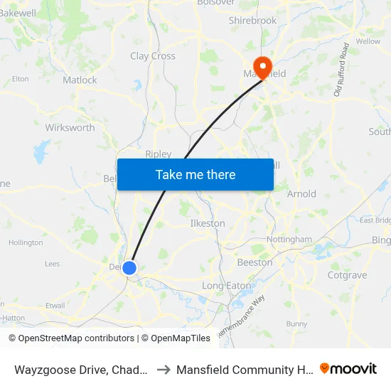 Wayzgoose Drive, Chaddesden to Mansfield Community Hospital map