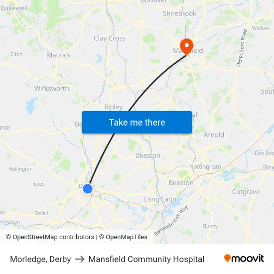 Morledge, Derby to Mansfield Community Hospital map